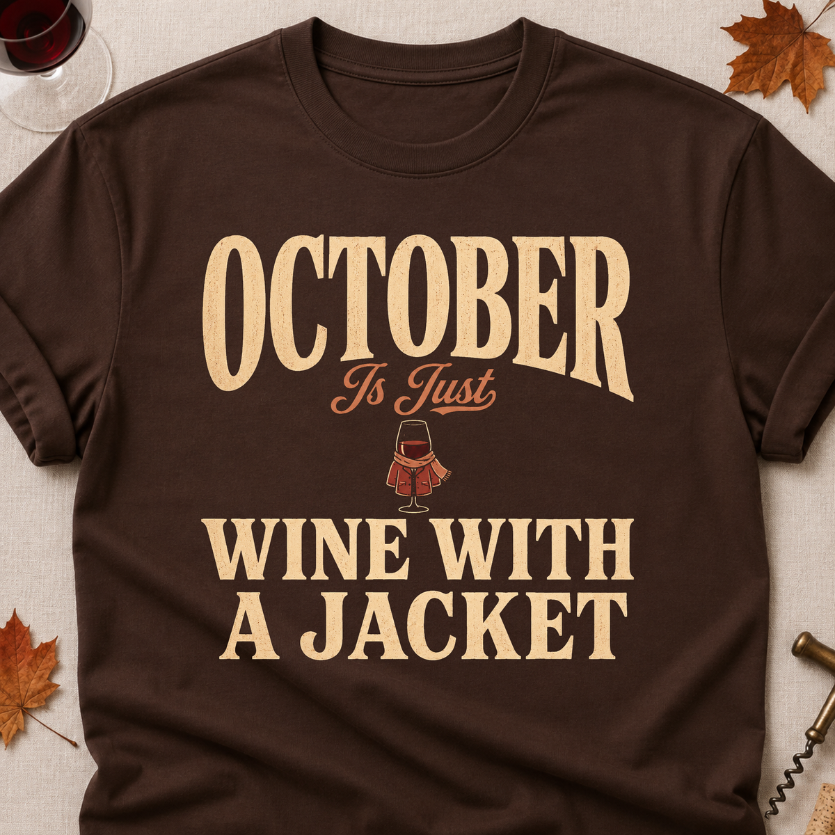 October Is Just Wine With A Jacket Fall Colored Print T-Shirt - Dark Chocolate - Brooke & Belle
