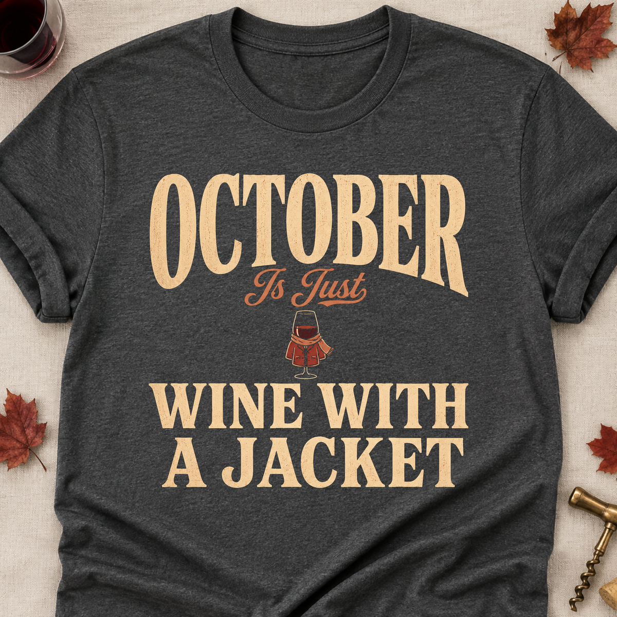 October Is Just Wine With A Jacket Fall Colored Print T-Shirt - Dark Heather - Brooke & Belle