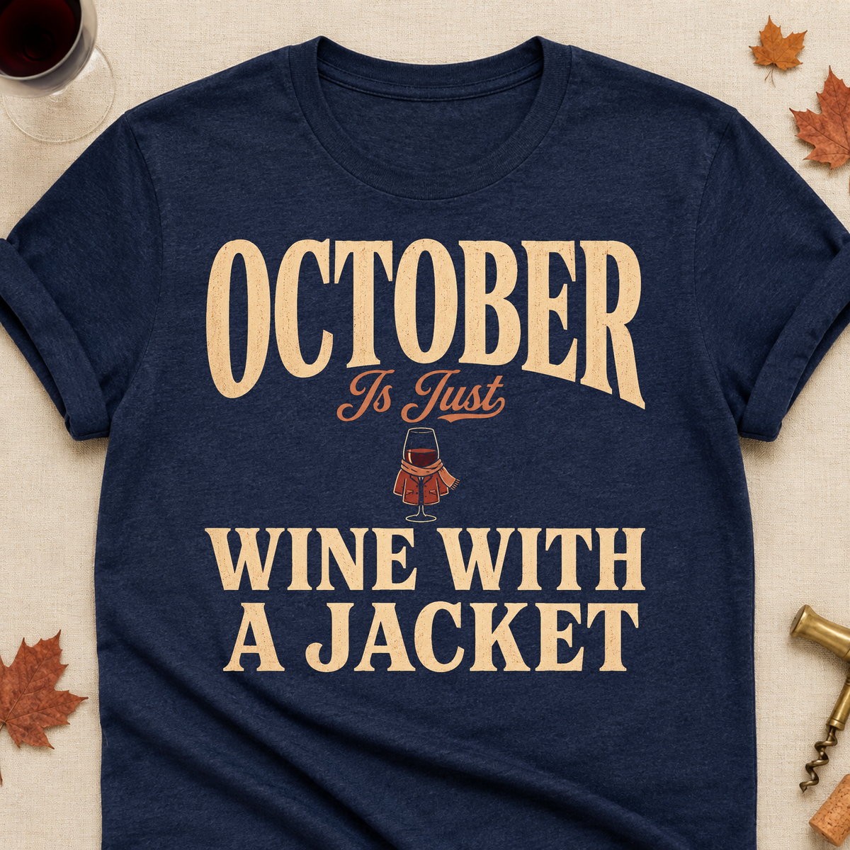 October Is Just Wine With A Jacket Fall Colored Print T-Shirt - Heather Navy - Brooke & Belle