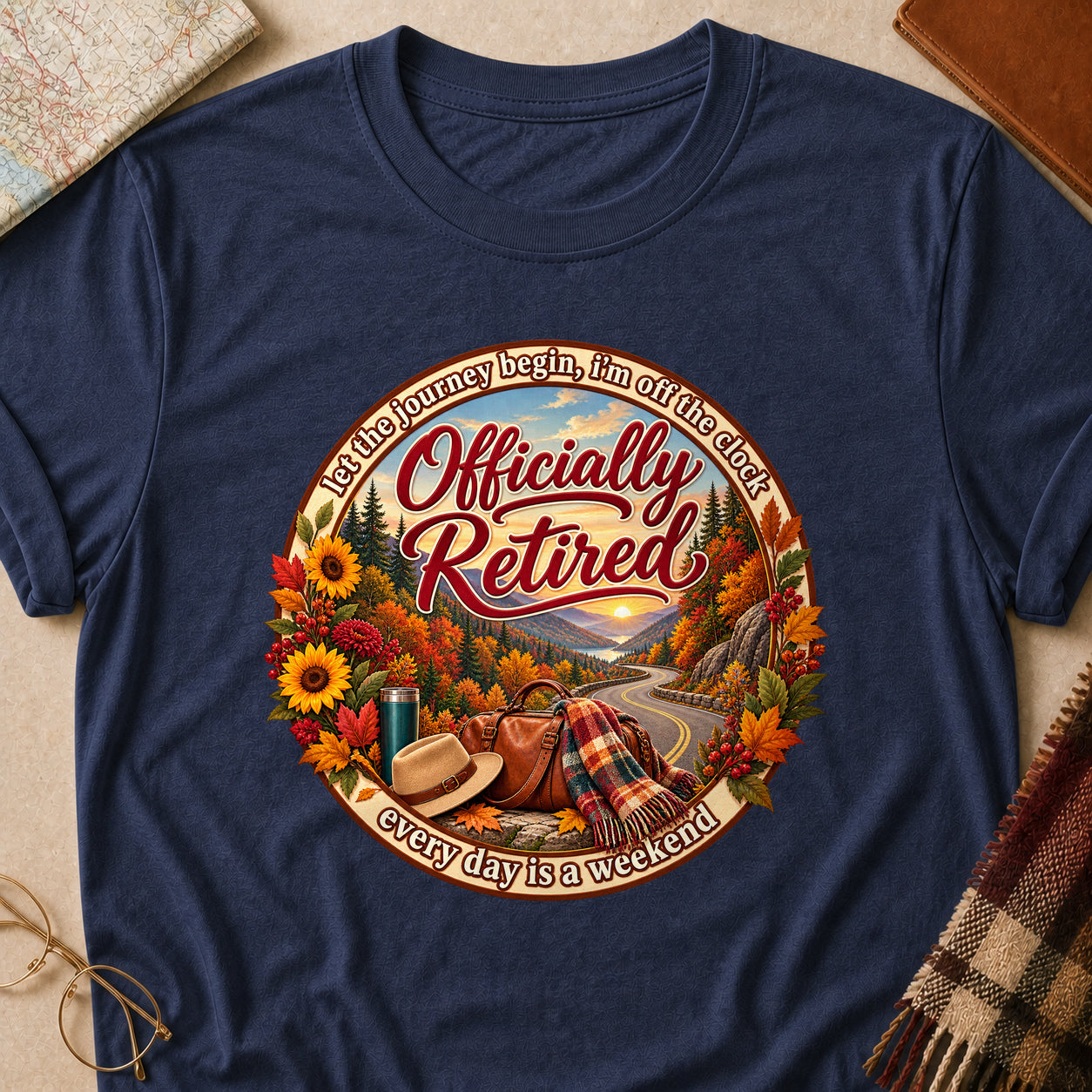 Officially Retired Every Day Is A Weekend Fall Colored Print T-Shirt - Heather Navy - Brooke & Belle