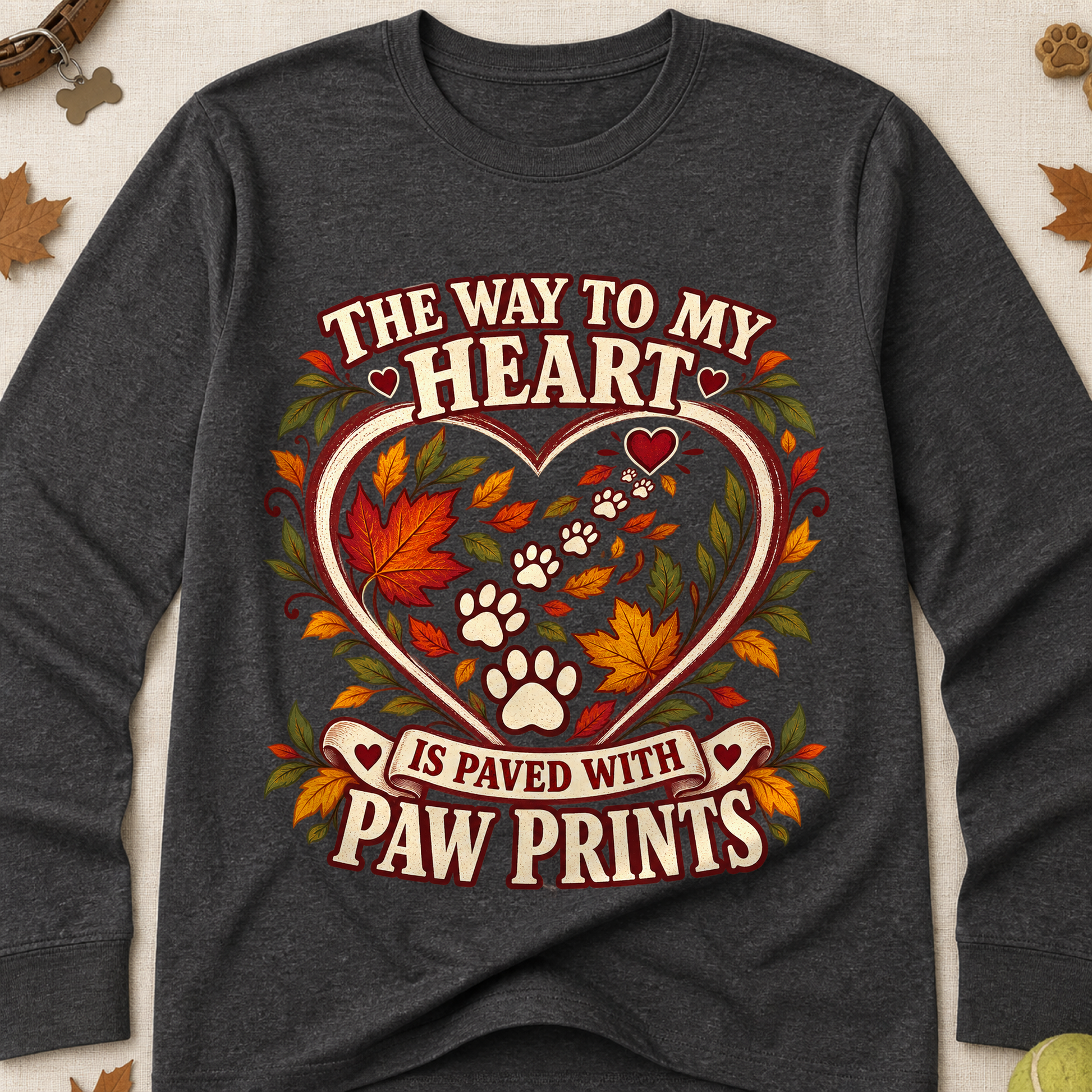 Way To My Heart Paw Prints Fall Long Sleeves - Charcoal - Brooke & Belle