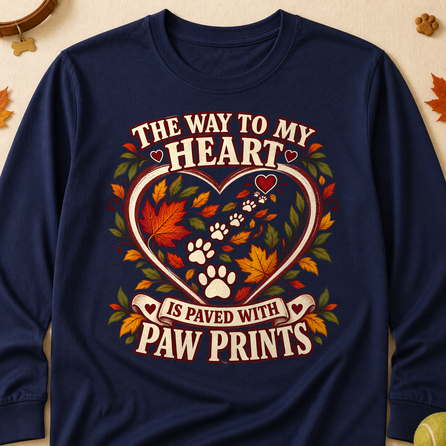 Way To My Heart Paw Prints Fall Long Sleeves - Navy - Brooke & Belle