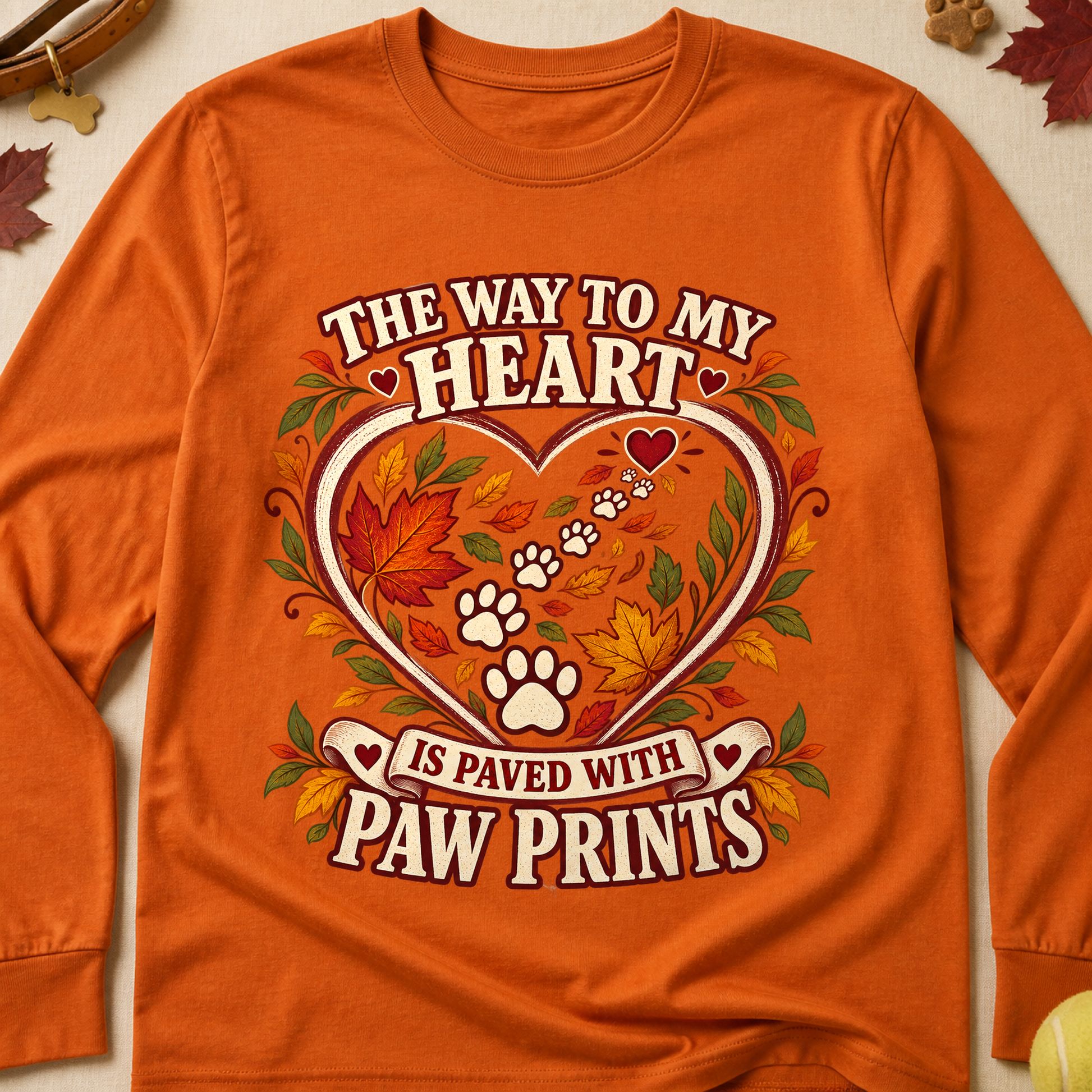 Way To My Heart Paw Prints Fall Long Sleeves - Texas Orange - Brooke & Belle