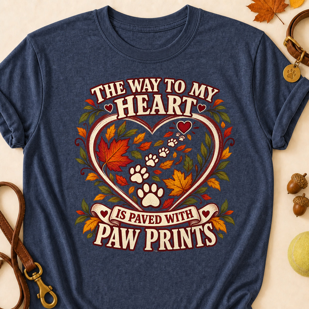 Way To My Heart Paw Prints Fall T-shirt - Heather Navy - Brooke & Belle