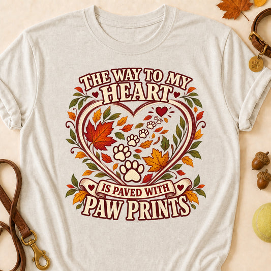 Way To My Heart Paw Prints Fall T-shirt - Heather Oatmeal - Brooke & Belle