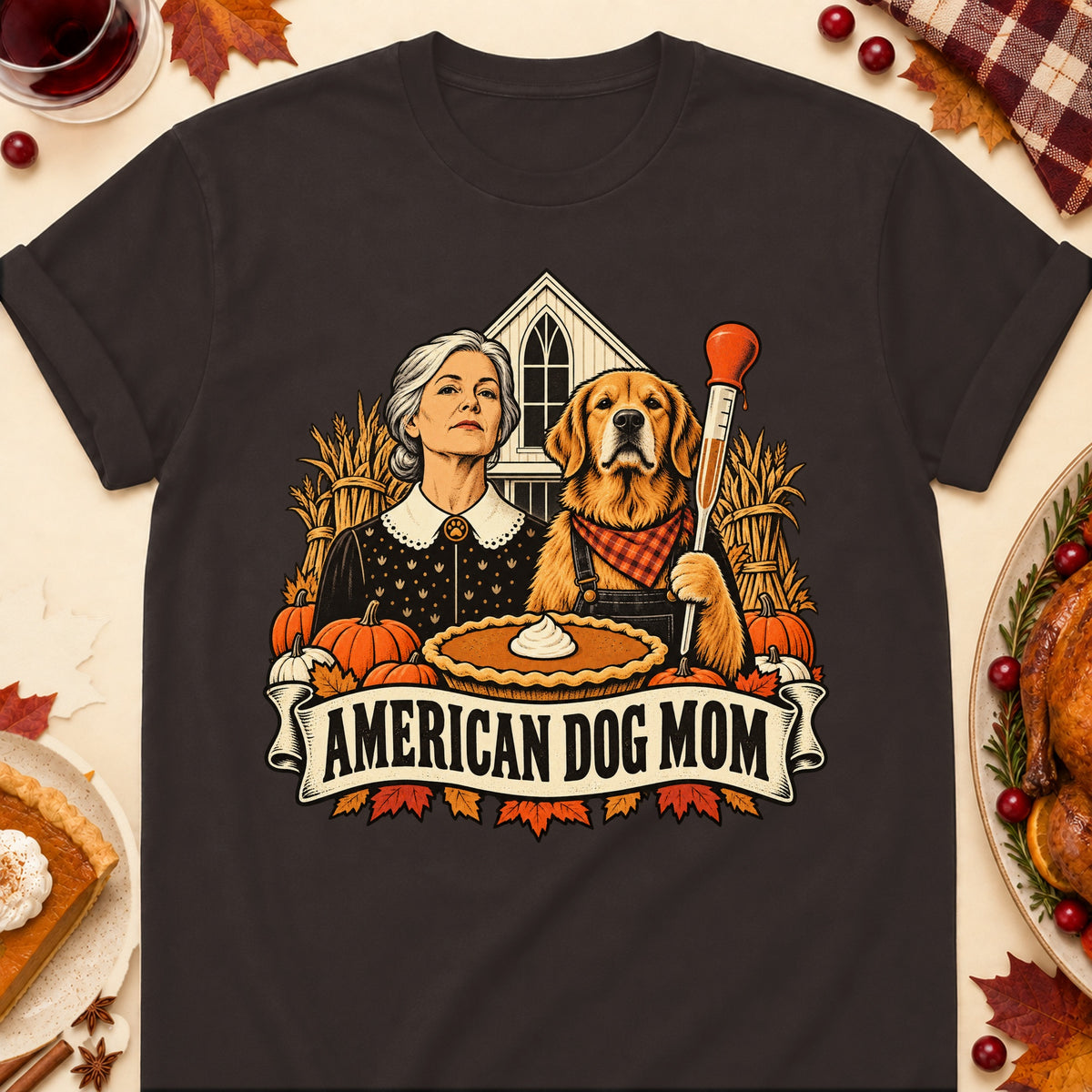 American Dog Mom Thanksgiving Dog Mom T-Shirt in Dark Chocolate
