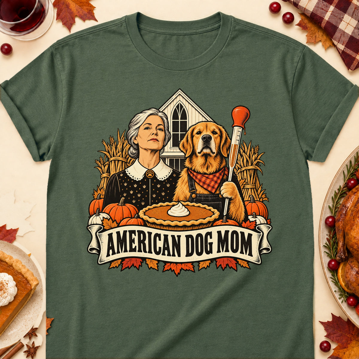 American Dog Mom Thanksgiving Dog Mom T-Shirt in Military Green