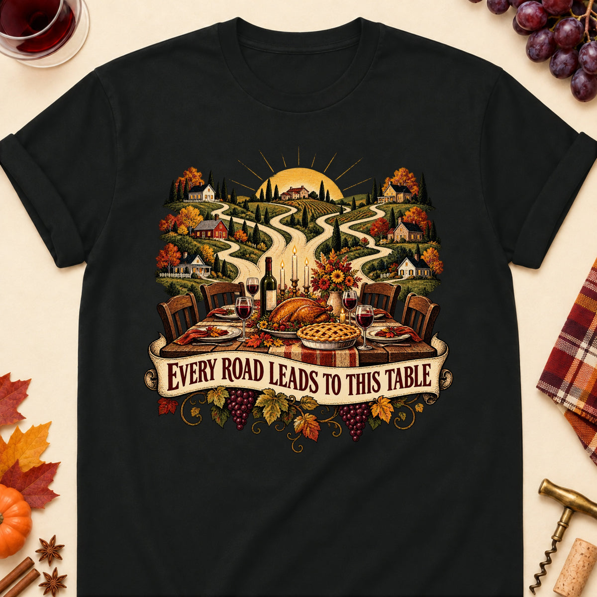 Every Road Leads To This Table Colored Print T-Shirt - Black - Brooke & Belle