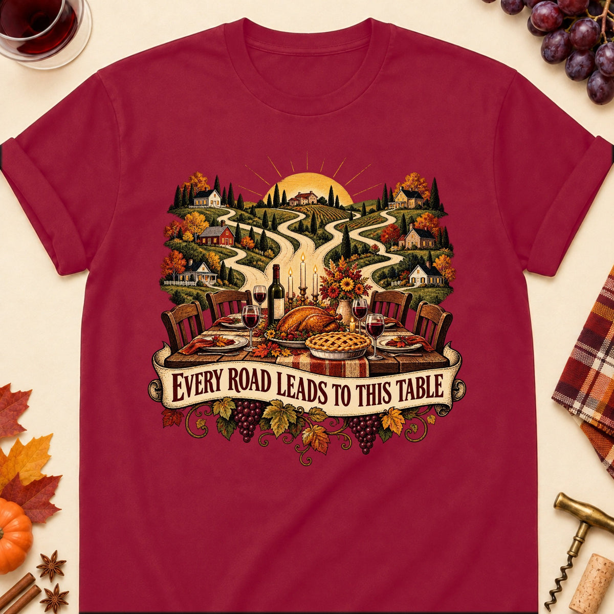Every Road Leads To This Table Colored Print T-Shirt - Cardinal Red - Brooke & Belle