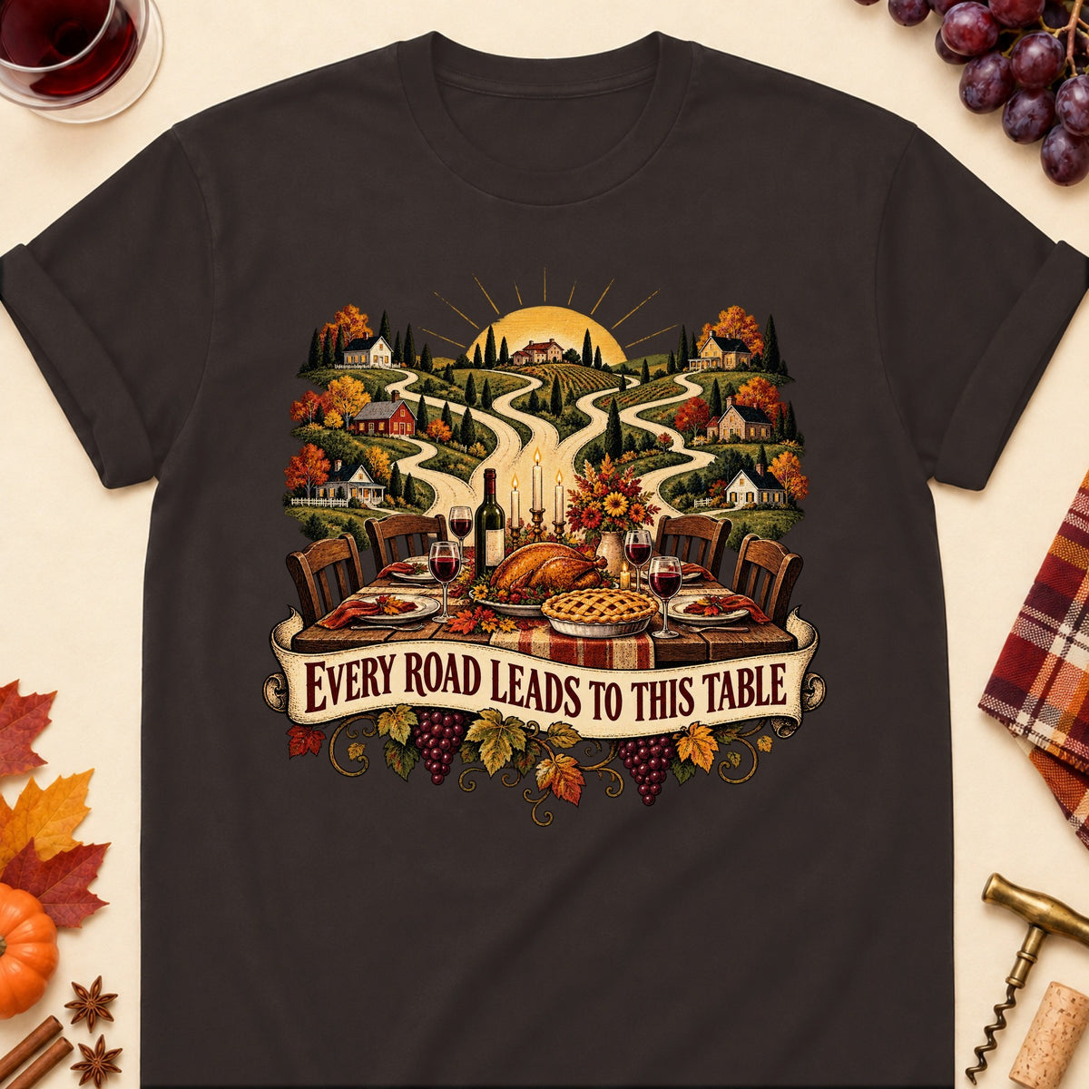 Every Road Leads To This Table Colored Print T-Shirt - Dark Chocolate - Brooke & Belle