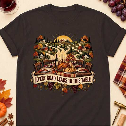 Every Road Leads To This Table Colored Print T-Shirt - Dark Chocolate - Brooke & Belle