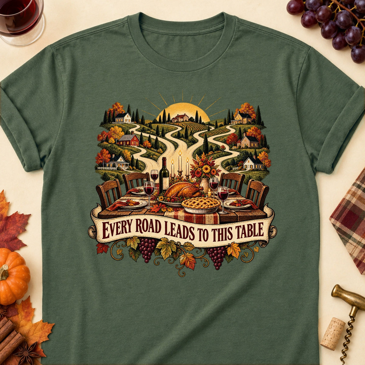 Every Road Leads To This Table Colored Print T-Shirt - Military Green - Brooke & Belle
