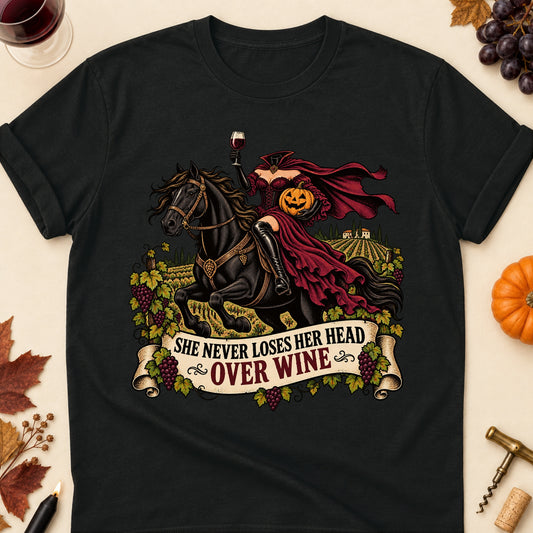 She Never Loses Her Head Over Wine Colored Print T-Shirt - Black - Brooke & Belle