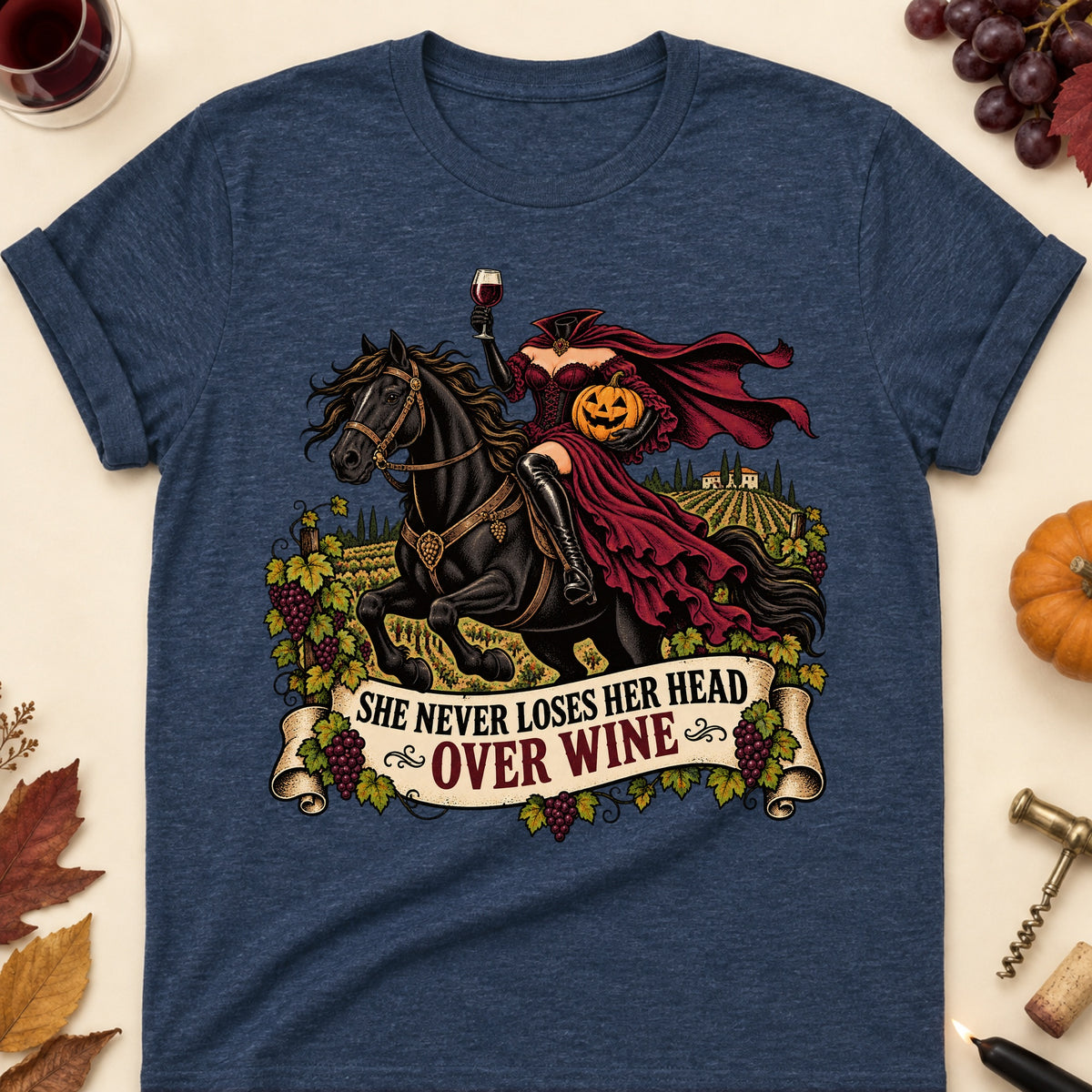 She Never Loses Her Head Over Wine Colored Print T-Shirt - Heather Navy - Brooke & Belle