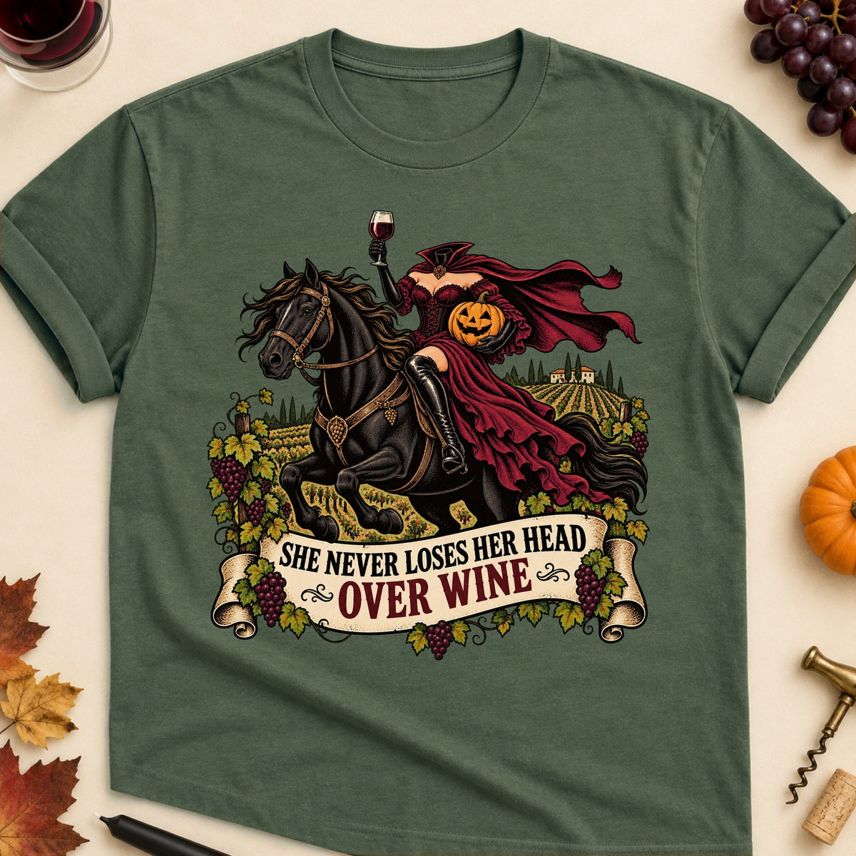 She Never Loses Her Head Over Wine Colored Print T-Shirt - Military Green - Brooke & Belle