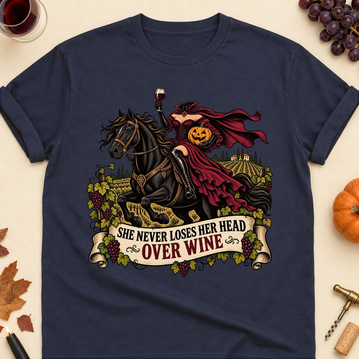 She Never Loses Her Head Over Wine Colored Print T-Shirt - Navy - Brooke & Belle