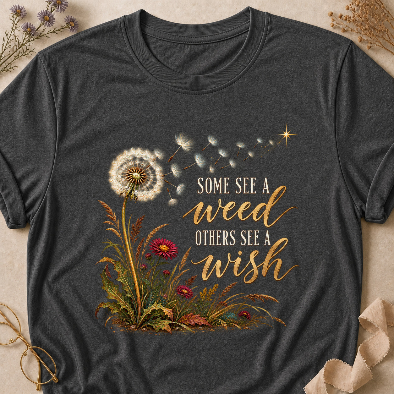 Some See A Weed Others See A Wish Fall Colored Print T-Shirt - Dark Heather - Brooke & Belle