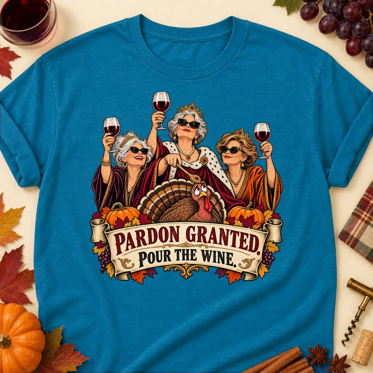 Pardon Granted. Pour The Wine Colored Print T-Shirt - Antique Sapphire - Brooke & Belle