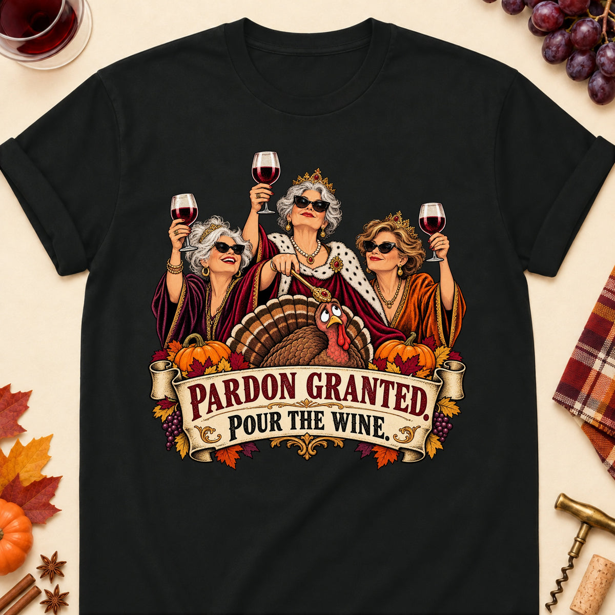 Pardon Granted. Pour The Wine Colored Print T-Shirt - Black - Brooke & Belle
