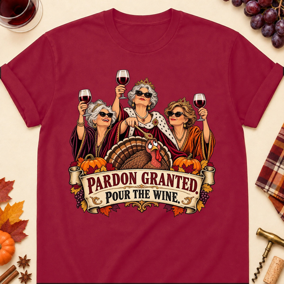 Pardon Granted. Pour The Wine Colored Print T-Shirt - Cardinal Red - Brooke & Belle