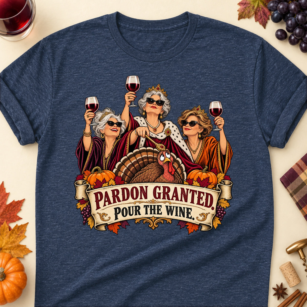 Pardon Granted. Pour The Wine Colored Print T-Shirt - Heather Navy - Brooke & Belle