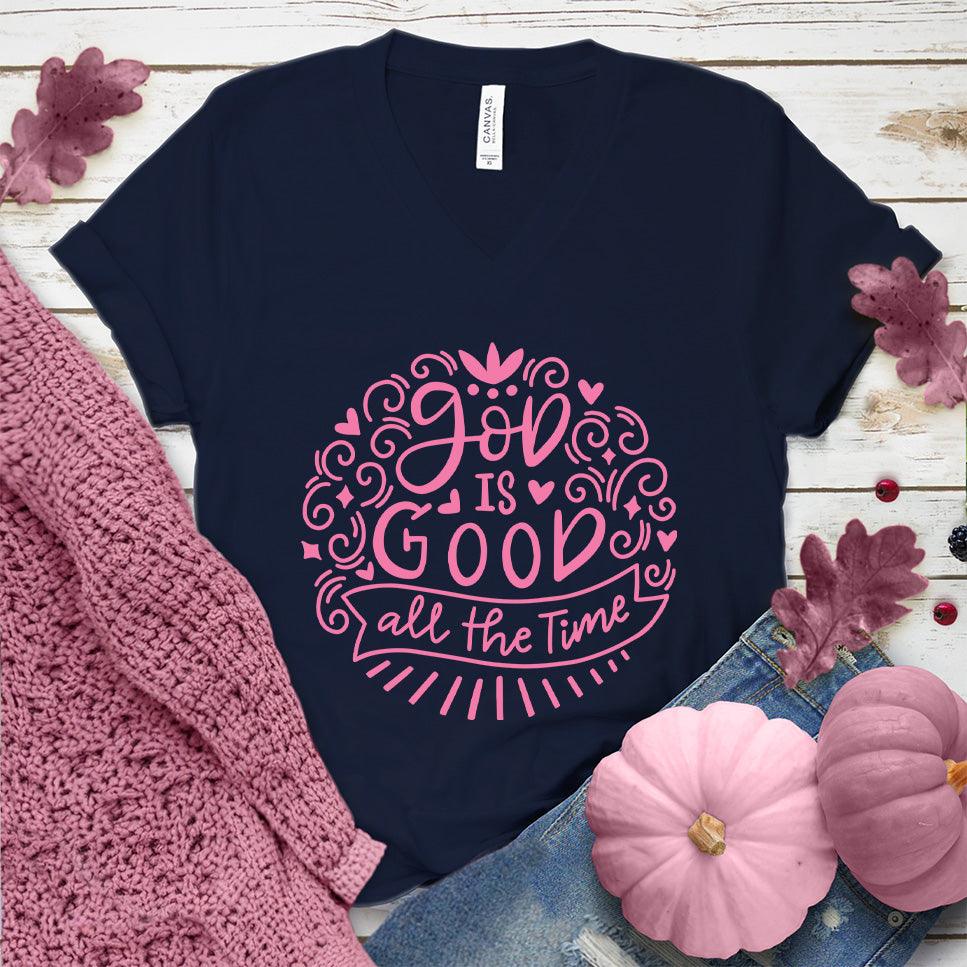 God Is Good V-Neck Pink Edition Navy - Inspirational 'God Is Good' message on a V-neck tee, perfect for versatile styling.