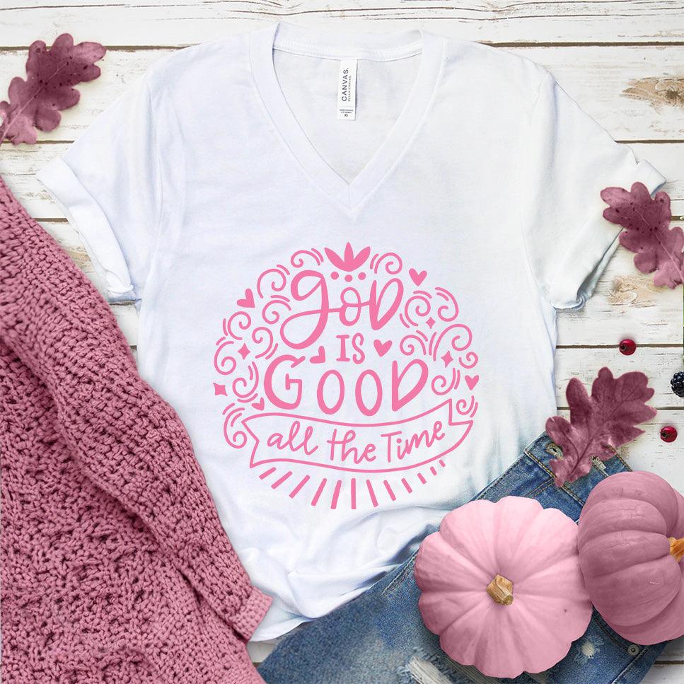 God Is Good V-Neck Pink Edition White - Inspirational 'God Is Good' message on a V-neck tee, perfect for versatile styling.