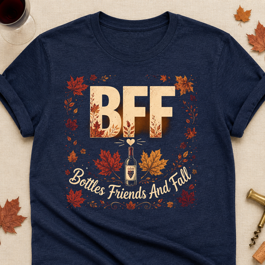 BFF Bottles Friends And Fall Fall Colored Print T-Shirt - Heather Navy - Brooke & Belle