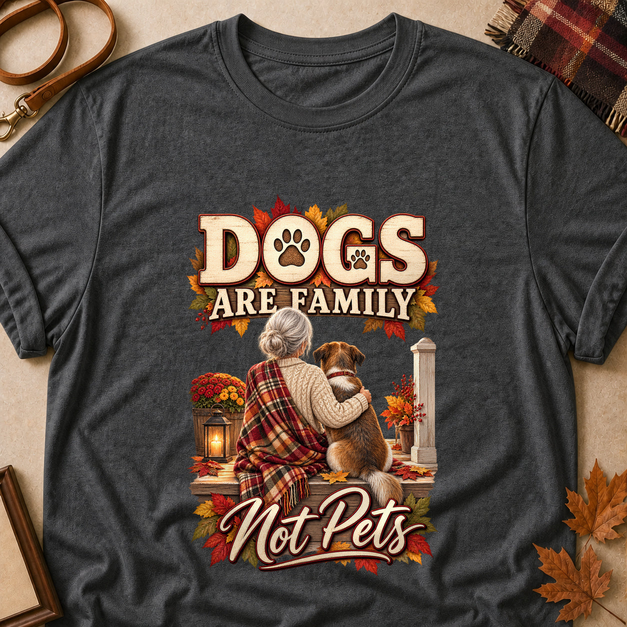 Dogs Are Family Not Pets Fall Colored Print T-Shirt - Dark Heather - Brooke & Belle