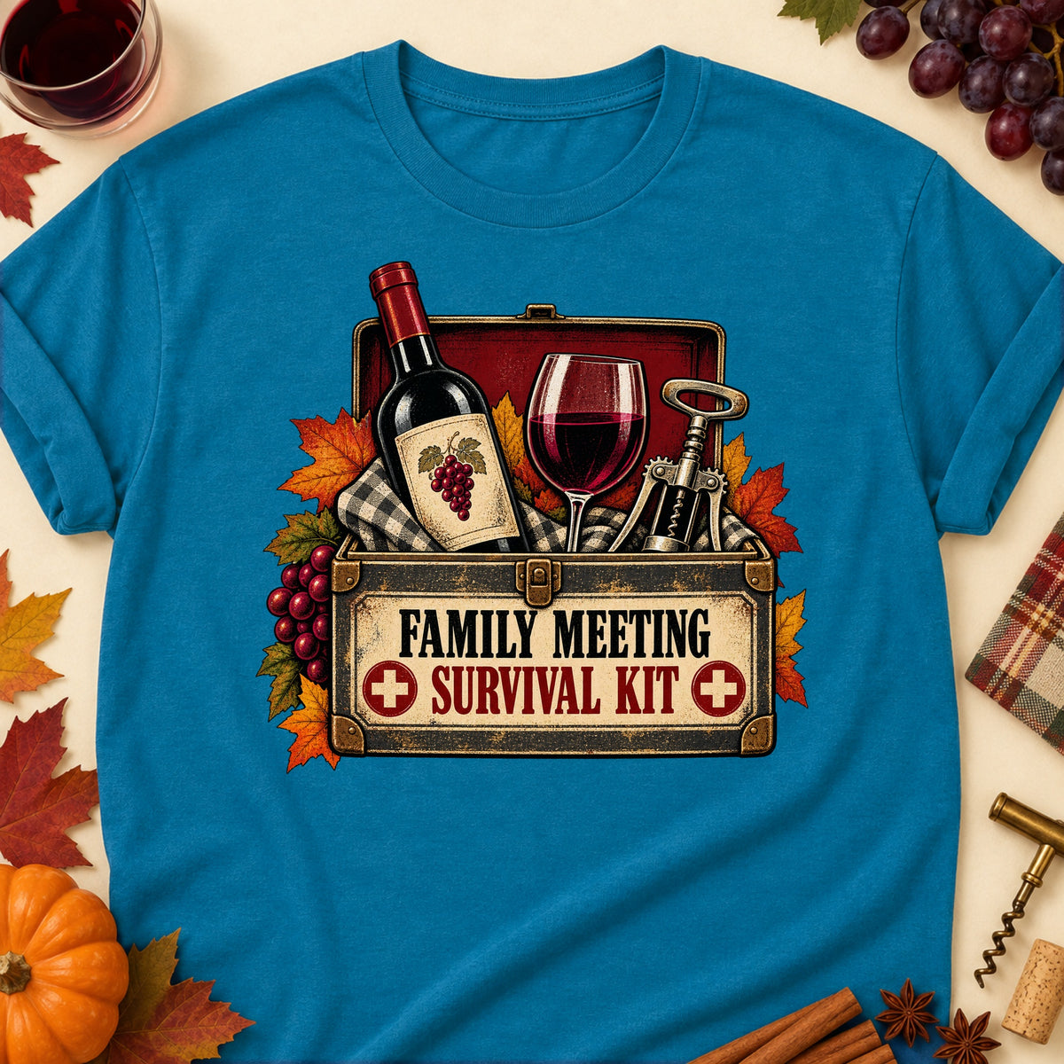 Family Meeting Survival Kit Colored Print T-Shirt - Antique Sapphire - Brooke & Belle