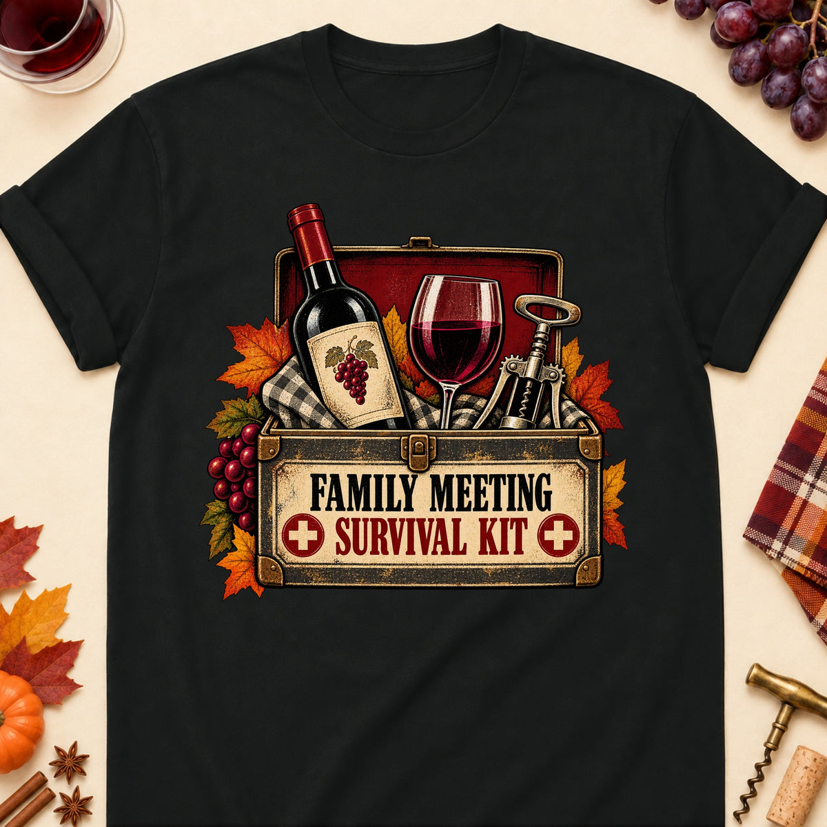 Family Meeting Survival Kit Colored Print T-Shirt - Black - Brooke & Belle