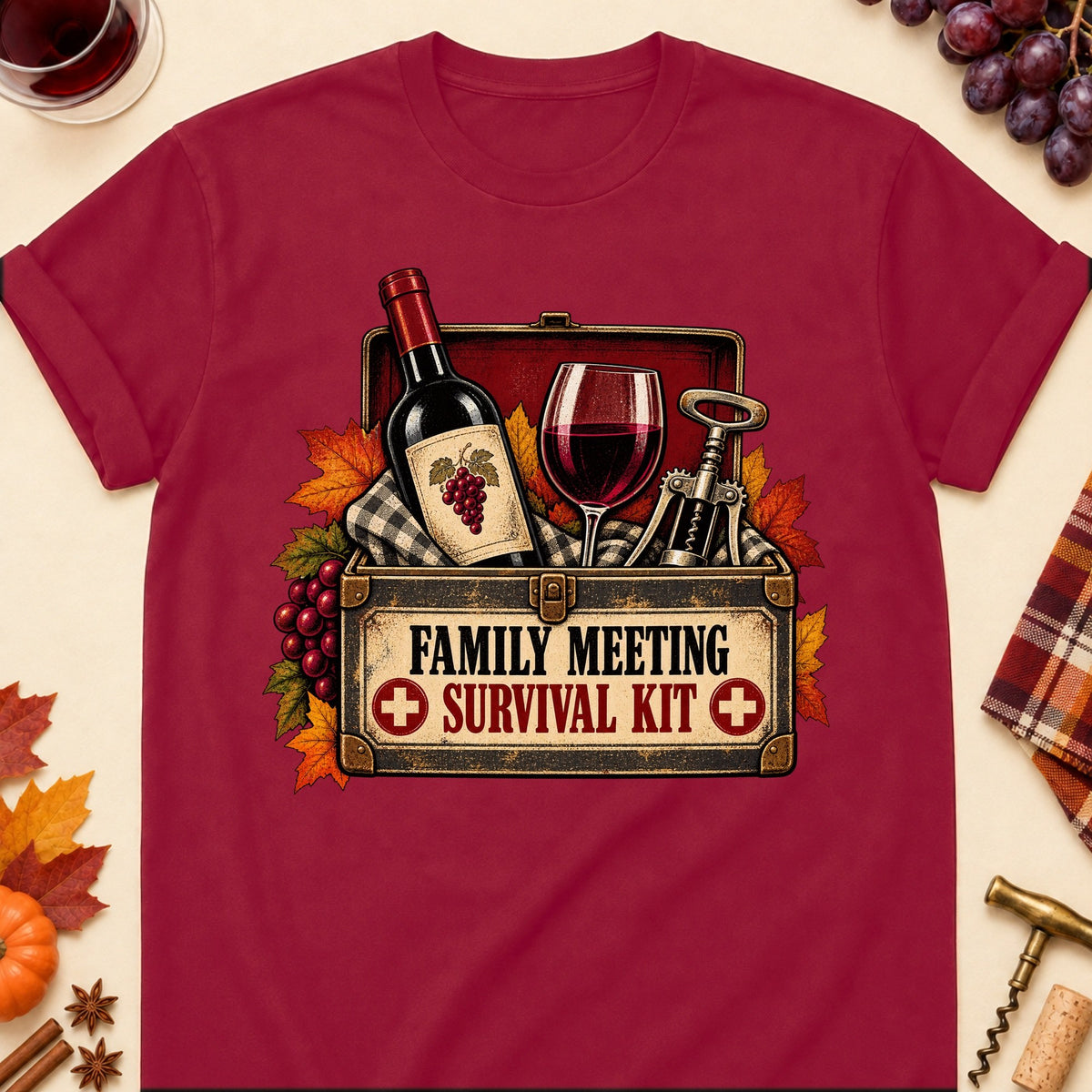 Family Meeting Survival Kit Colored Print T-Shirt - Cardinal Red - Brooke & Belle