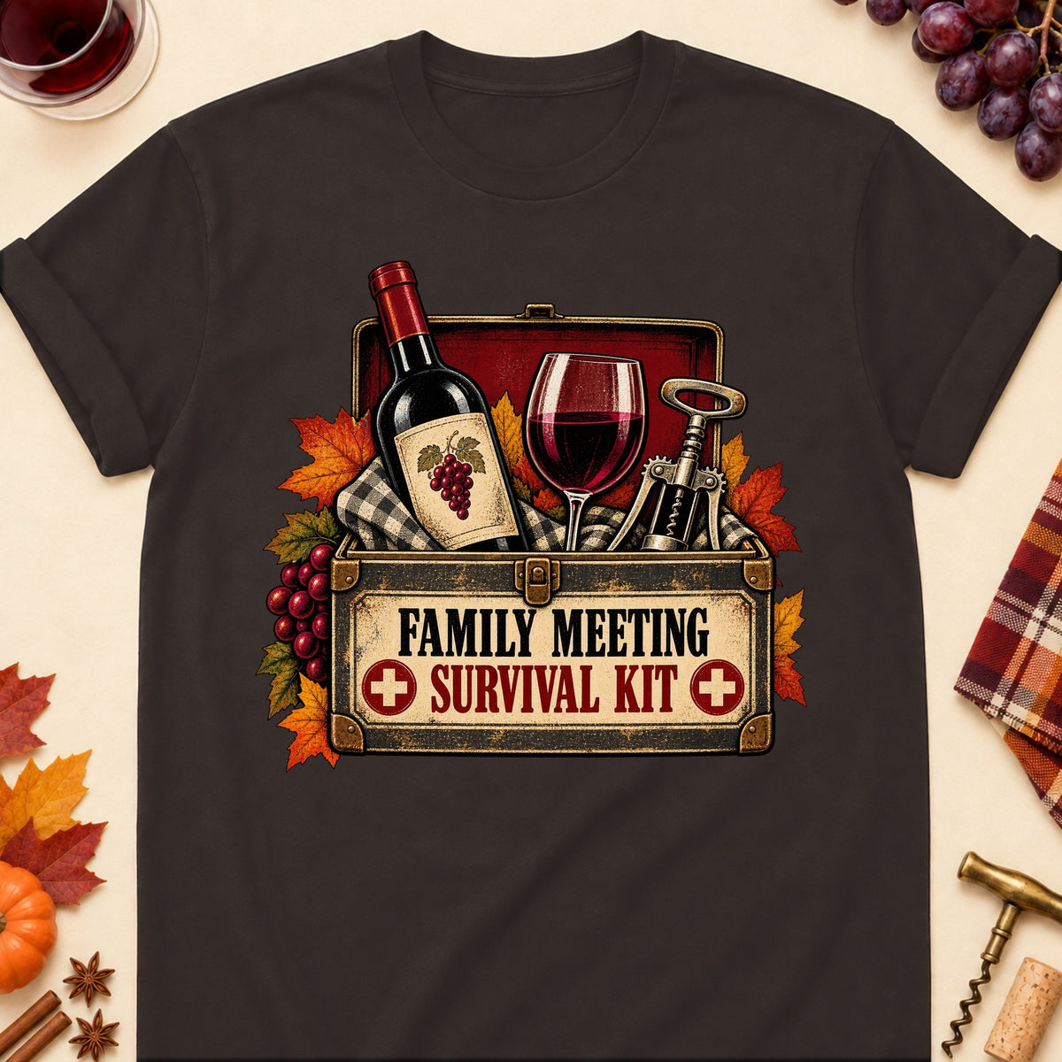 Family Meeting Survival Kit Colored Print T-Shirt - Dark Chocolate - Brooke & Belle