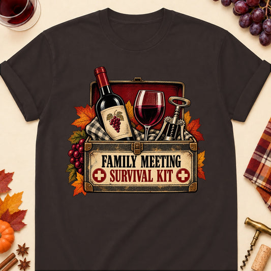 Family Meeting Survival Kit Colored Print T-Shirt - Dark Chocolate - Brooke & Belle
