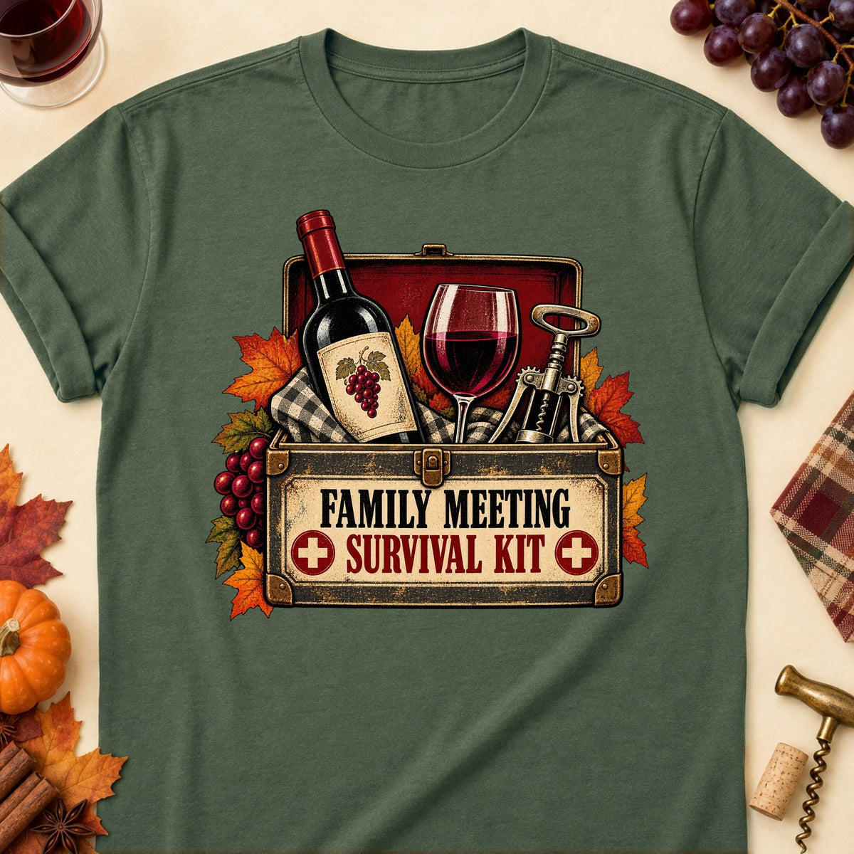 Family Meeting Survival Kit Colored Print T-Shirt - Military Green - Brooke & Belle