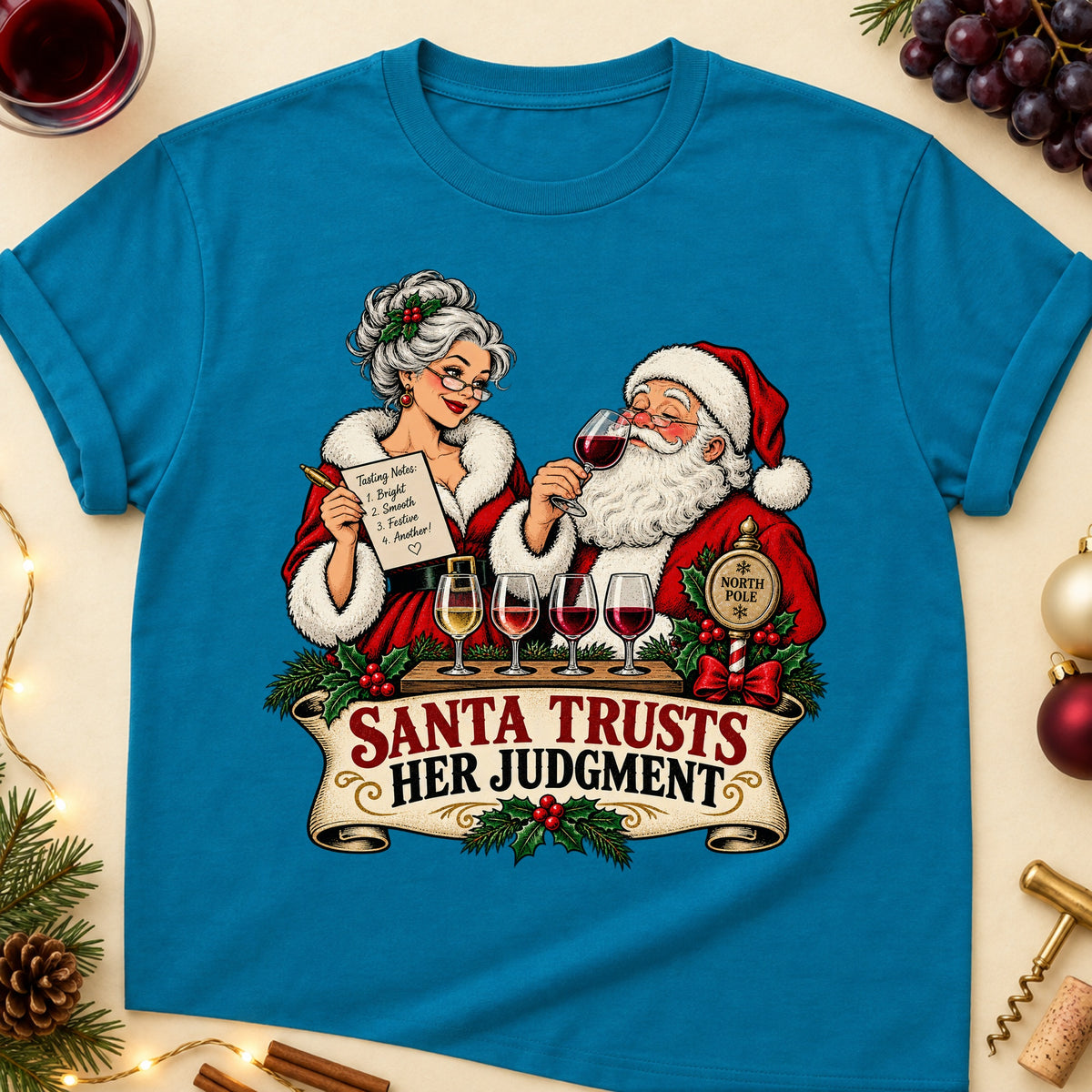 Santa Trusts Her Judgment Colored Print T-Shirt - Antique Sapphire - Brooke & Belle