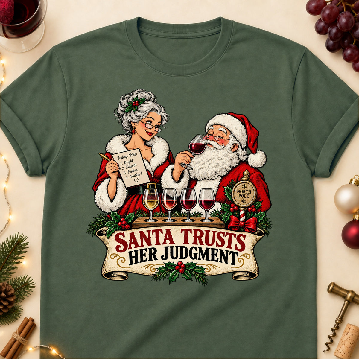 Santa Trusts Her Judgment Colored Print T-Shirt - Military Green - Brooke & Belle