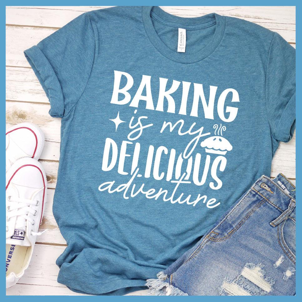 Baking Is My Delicious Adventure T-Shirt Colored Edition Heather Deep Teal - Illustrated graphic t-shirt with 'Baking is my Delicious Adventure' quote