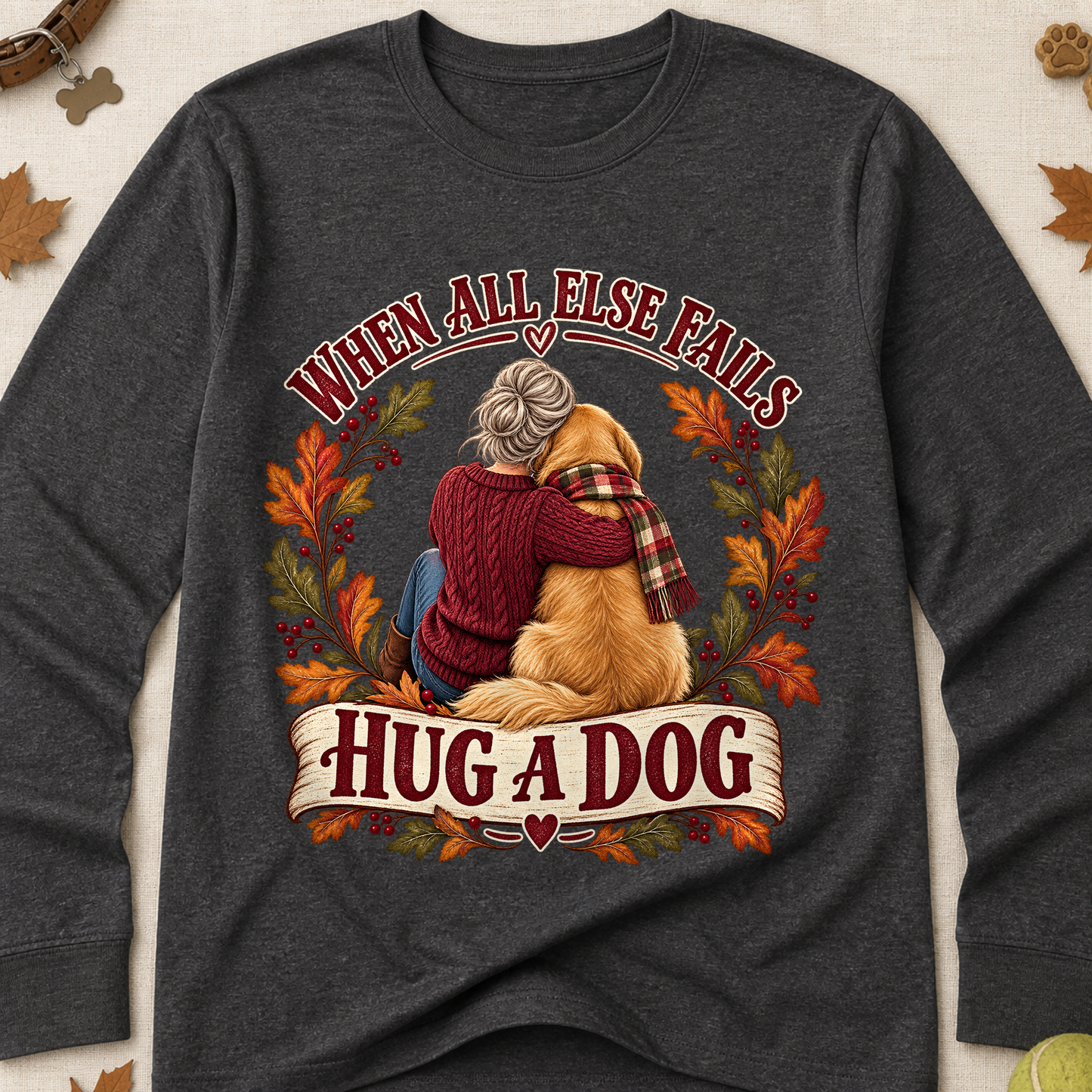 When All Else Fails Hug A Dog Fall Long Sleeves - Charcoal - Brooke & Belle