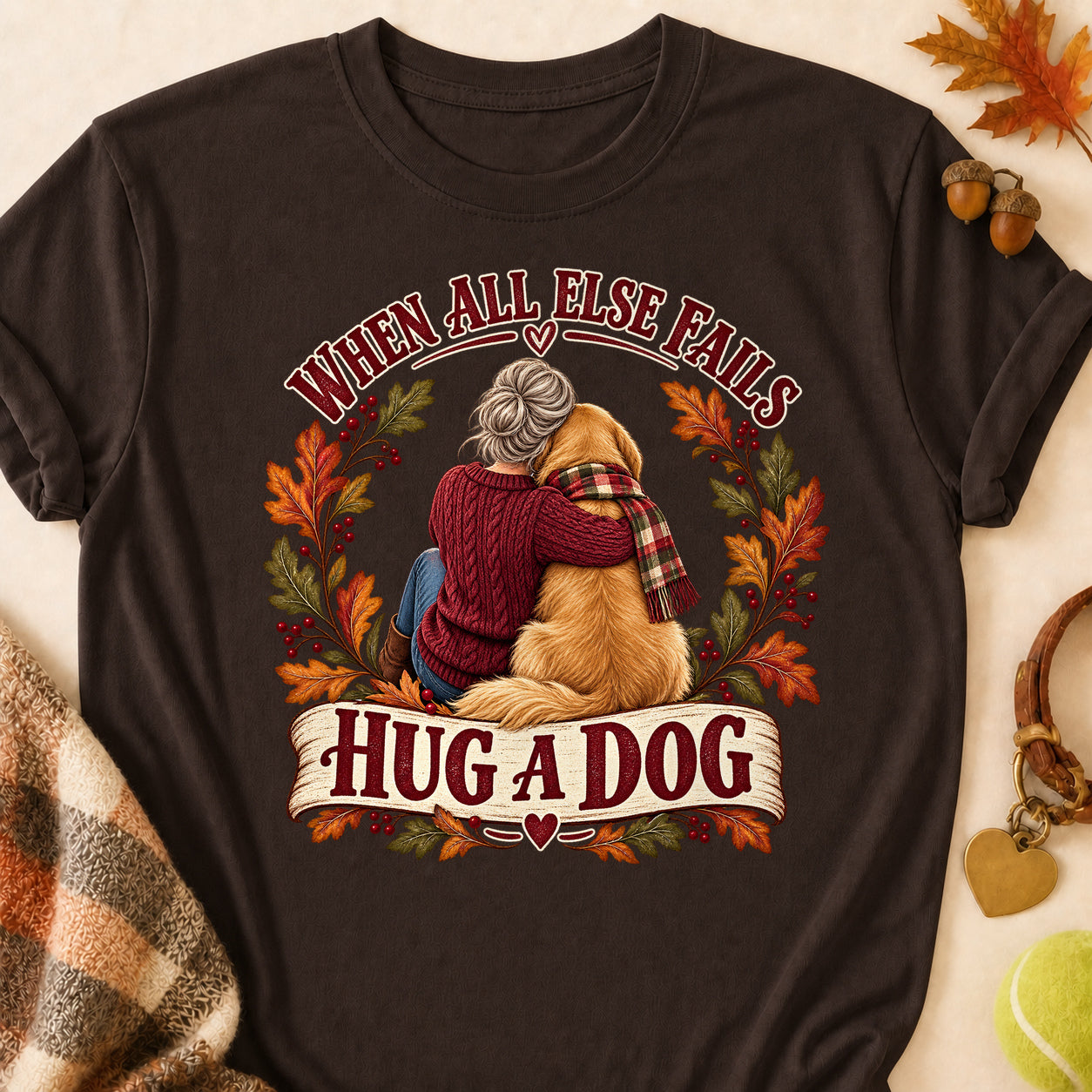 When All Else Fails Hug A Dog Fall T-shirt - Dark Chocolate - Brooke & Belle