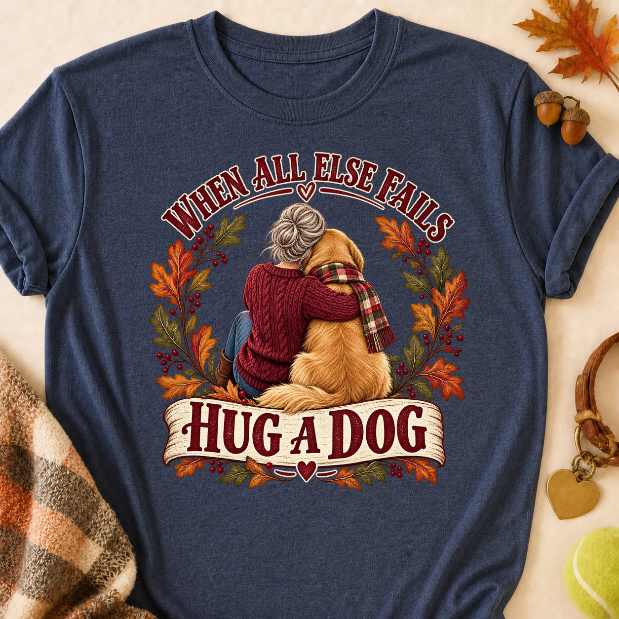 When All Else Fails Hug A Dog Fall T-shirt - Heather Navy - Brooke & Belle