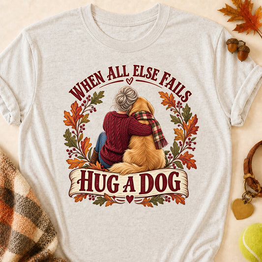 When All Else Fails Hug A Dog Fall T-shirt - Heather Oatmeal - Brooke & Belle