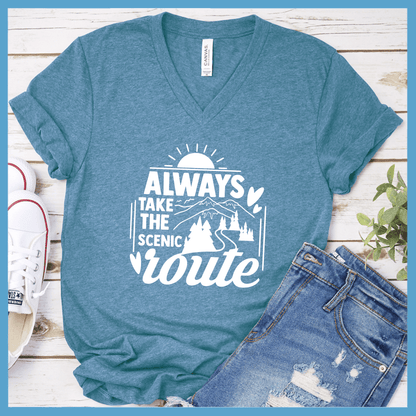 Always Take The Scenic Route V-neck Heather Deep Teal - "Always Take The Scenic Route" graphic V-neck t-shirt with mountain and sunburst design.