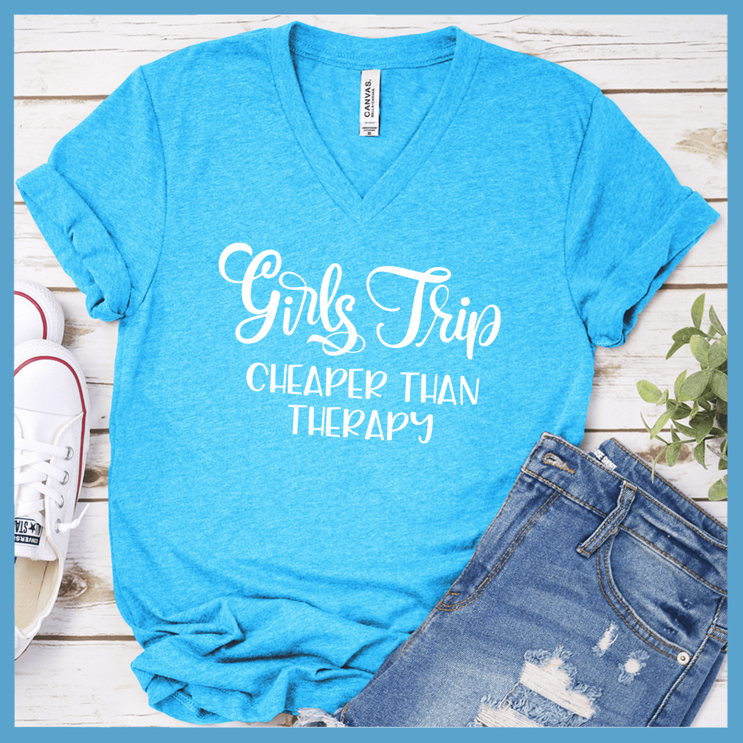 Girls Trip V-Neck Neon Blue - Girls Trip V-Neck T-shirt with fun quote, ideal for group travel and bonding.