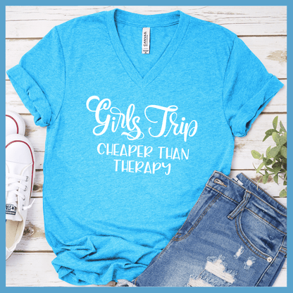 Girls Trip V-Neck Neon Blue - Girls Trip V-Neck T-shirt with fun quote, ideal for group travel and bonding.