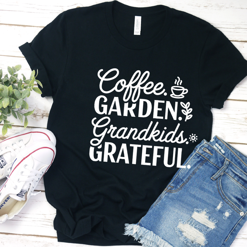 Coffee. Garden. Grandkids. Grateful. T-Shirt - Black - Brooke & Belle