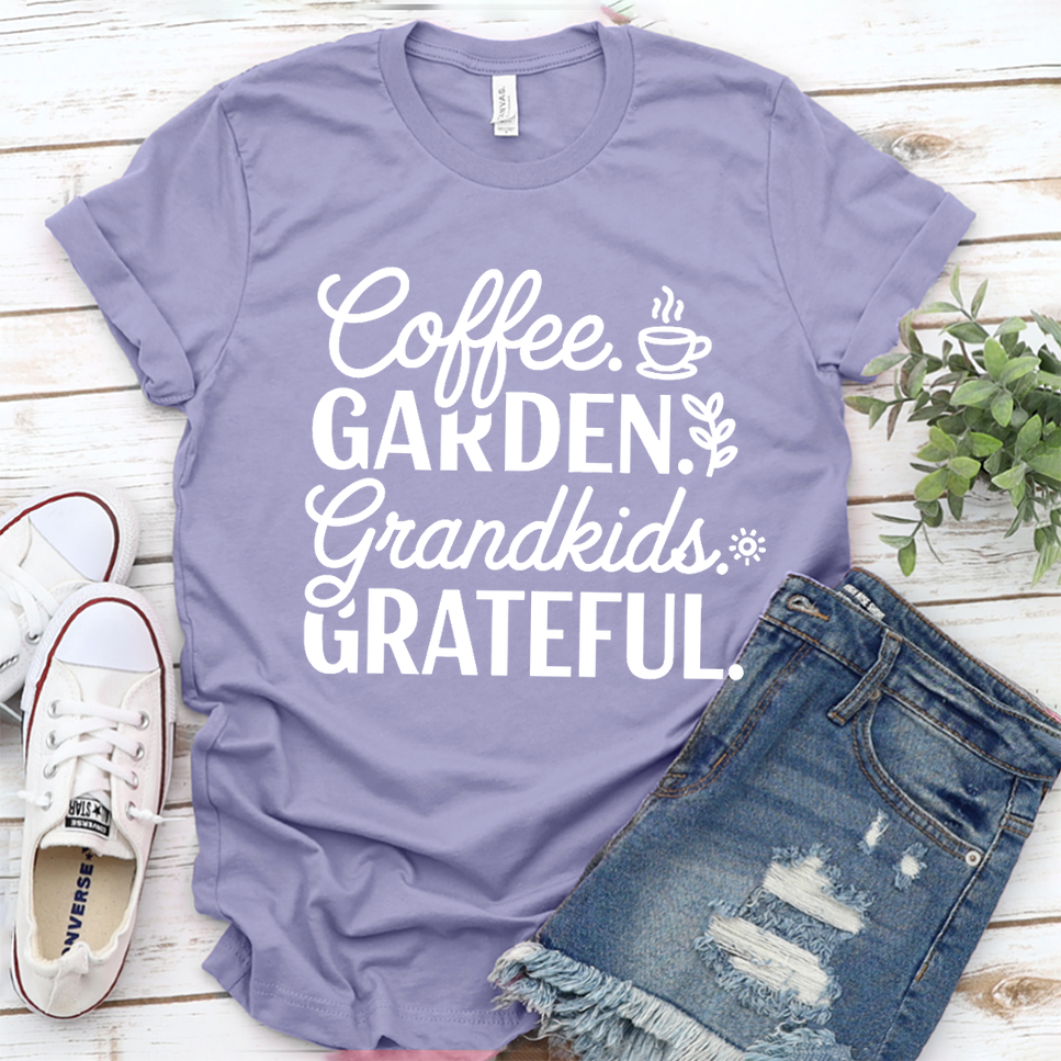 Coffee. Garden. Grandkids. Grateful. T-Shirt - Dark Lavender - Brooke & Belle