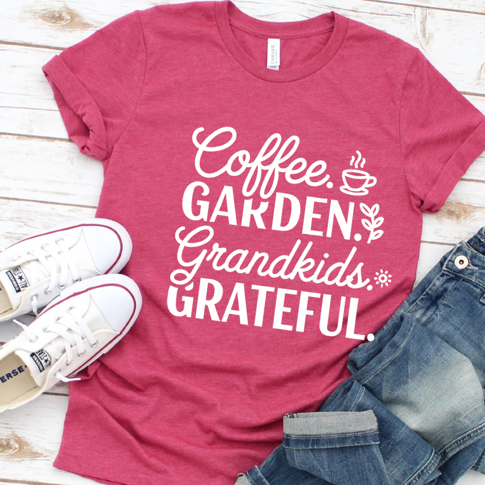 Coffee. Garden. Grandkids. Grateful. T-Shirt - Heather Raspberry - Brooke & Belle