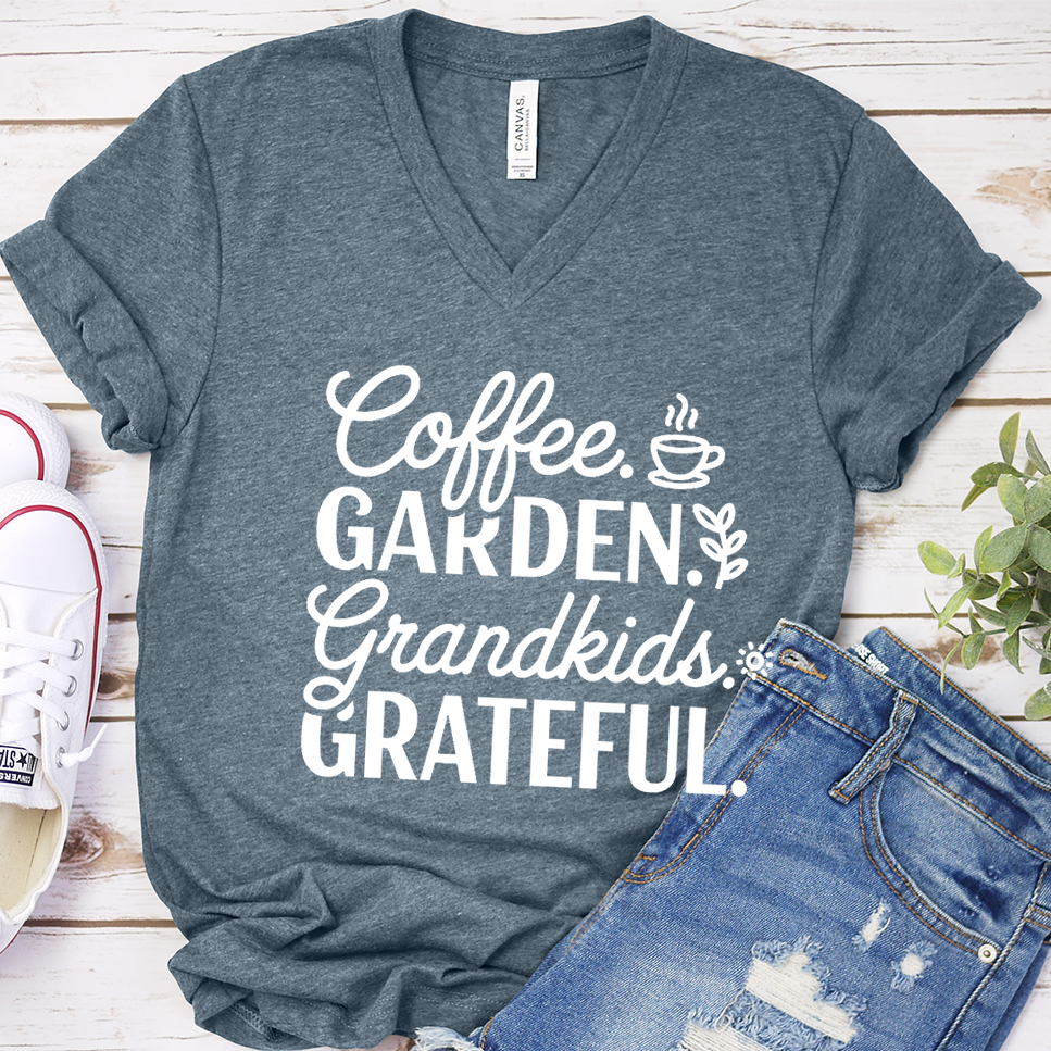 Coffee. Garden. Grandkids. Grateful. V-Neck - Heather Slate - Brooke & Belle