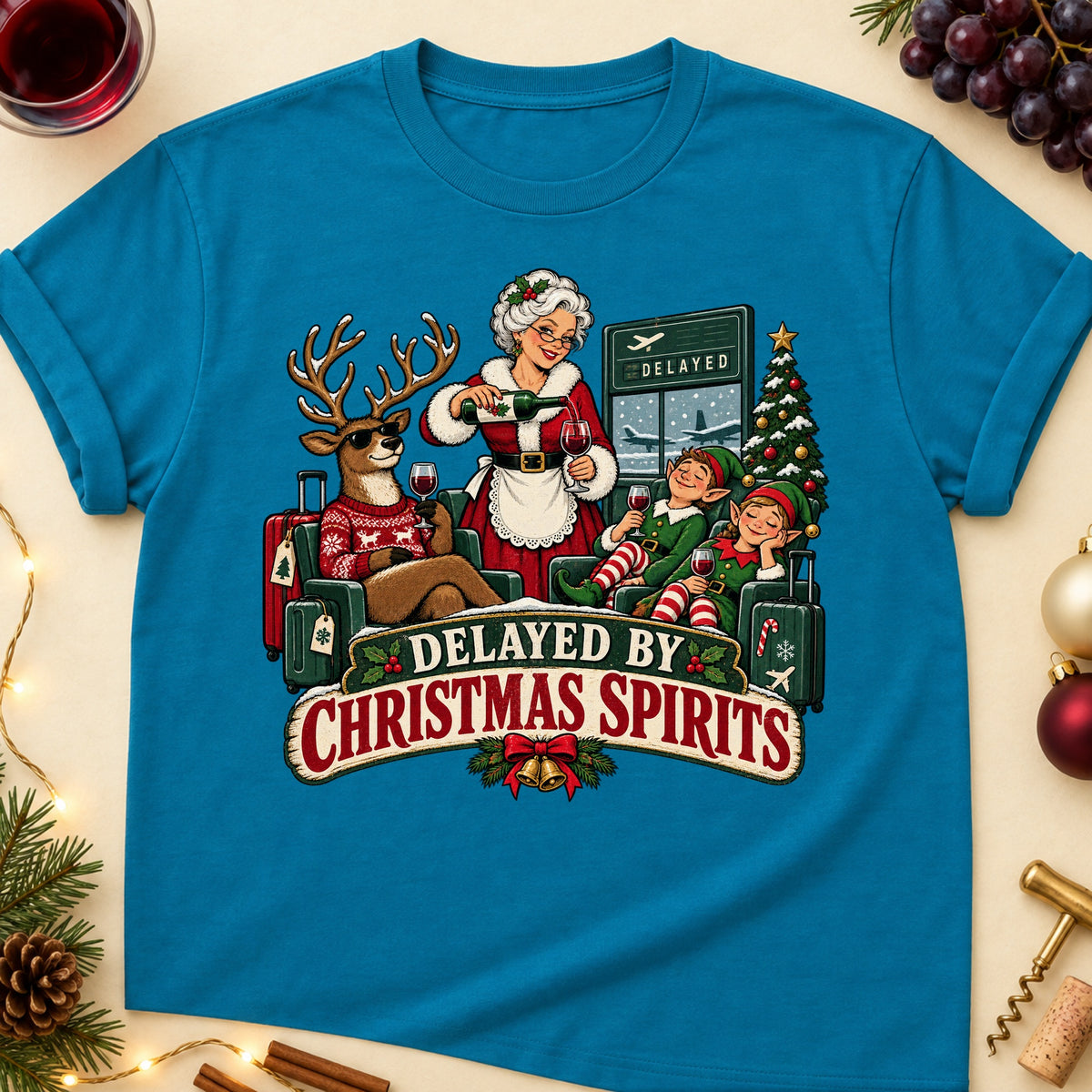 Delayed By Christmas Spirits Colored Print T-Shirt - Antique Sapphire - Brooke & Belle